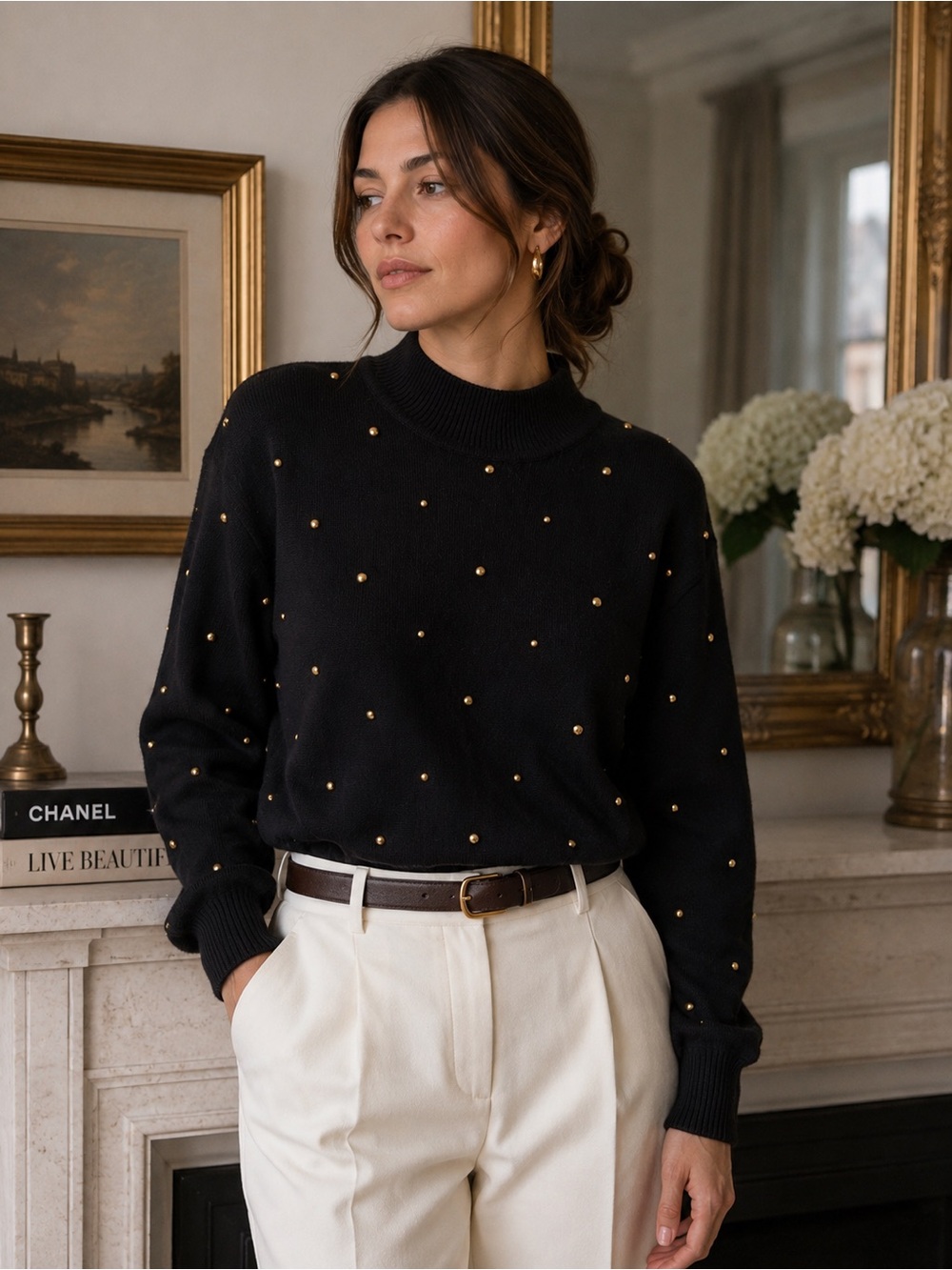 Vintage Lambswool Blend Gold Stud Mock Neck Sweater Women Medium Chic Old Money